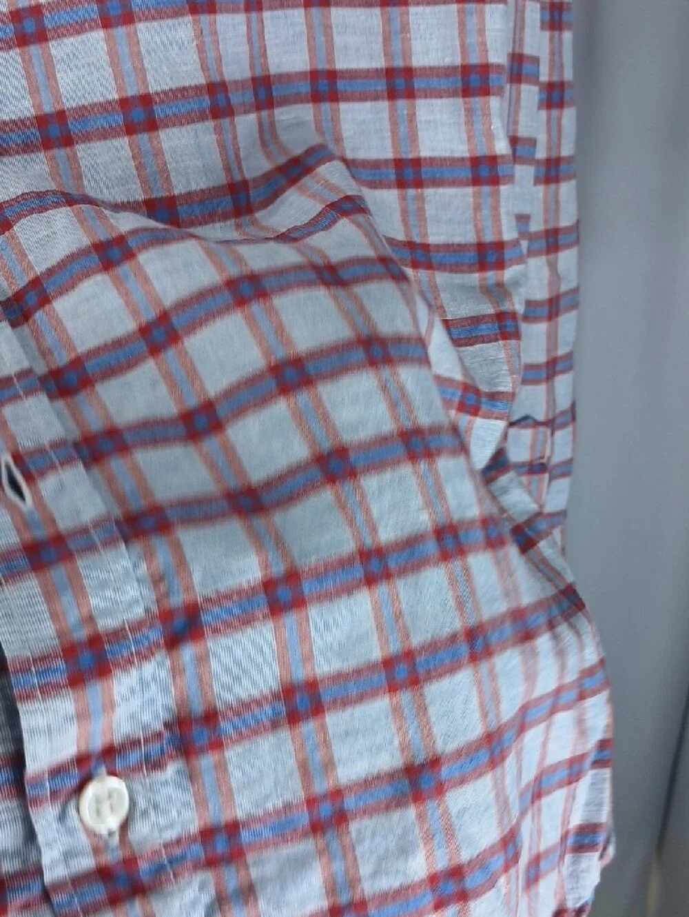 J. Crew Men’s Light Blue and Red Plaid Button-Down linen + cotton Shirt